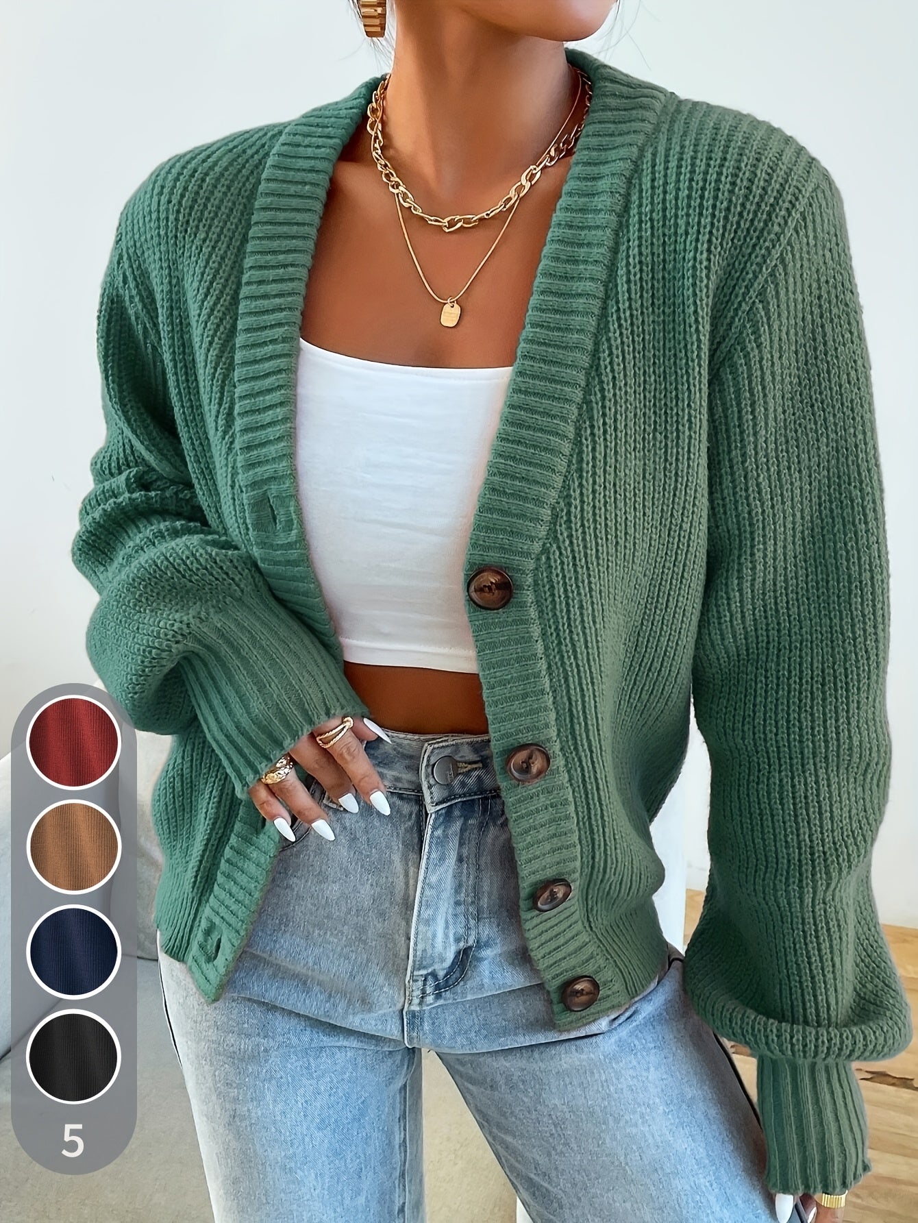 Comfortable Ribbed Knit Cardigan for Women with V Neck Balloon Sleeve Button Front Oversized Style