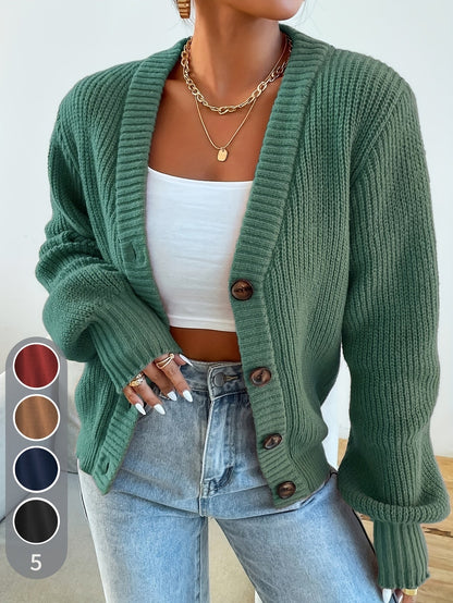 Comfortable Ribbed Knit Cardigan for Women with V Neck Balloon Sleeve Button Front Oversized Style