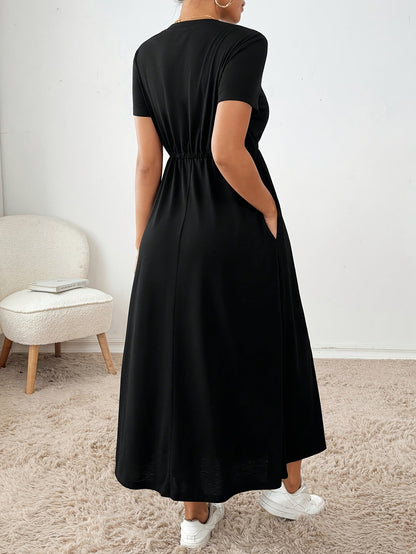 Effortless Drawstring Maxi Dress for Women with Round Neck Short Sleeve Cinched Waist Flowing Casual Style