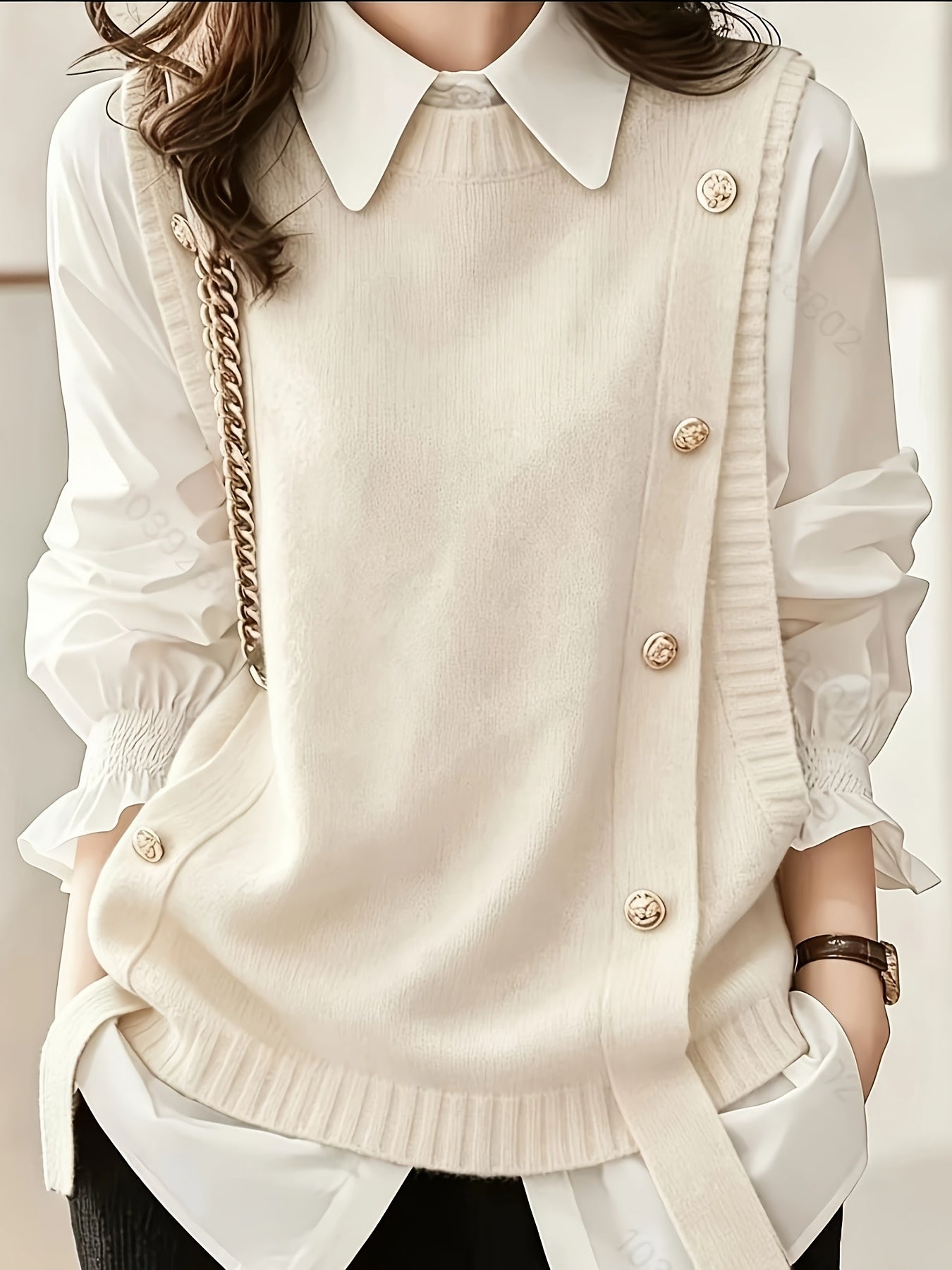 Comfortable Knit Sweater Vest for Women with Round Neck Sleeveless Button Front Ribbed Trim Style