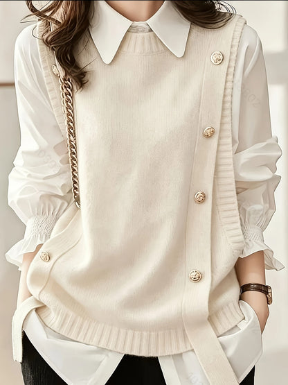 Comfortable Knit Sweater Vest for Women with Round Neck Sleeveless Button Front Ribbed Trim Style