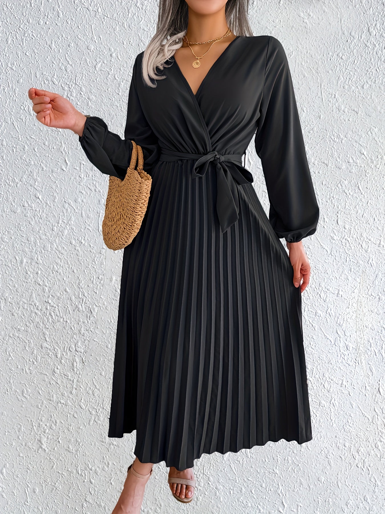 Elegant Pleated Wrap Maxi Dress for Women with V Neck Bishop Sleeve Belted Flowing Style