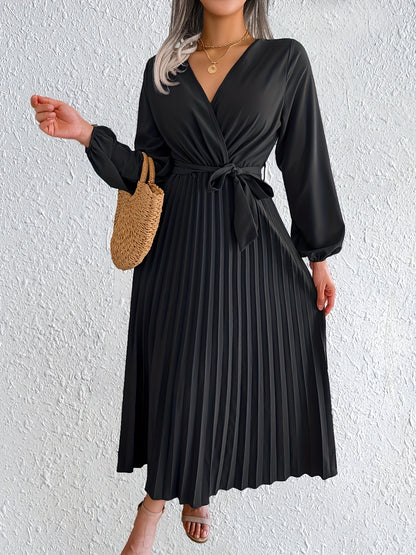 Elegant Pleated Wrap Maxi Dress for Women with V Neck Bishop Sleeve Belted Flowing Style