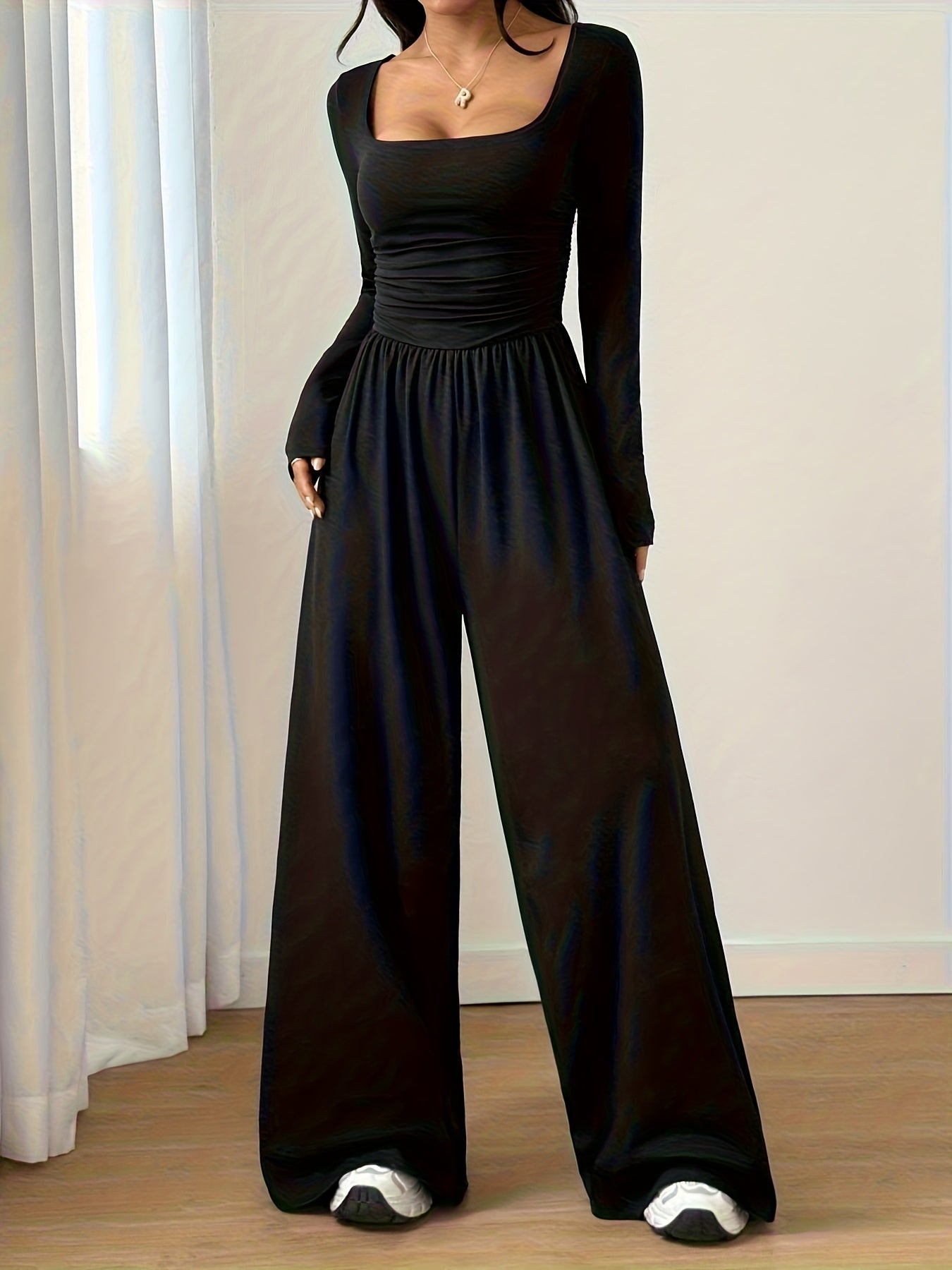 Elegant Black Jumpsuit for Women with Square Neck Long Sleeve Ruched Wide Leg Style