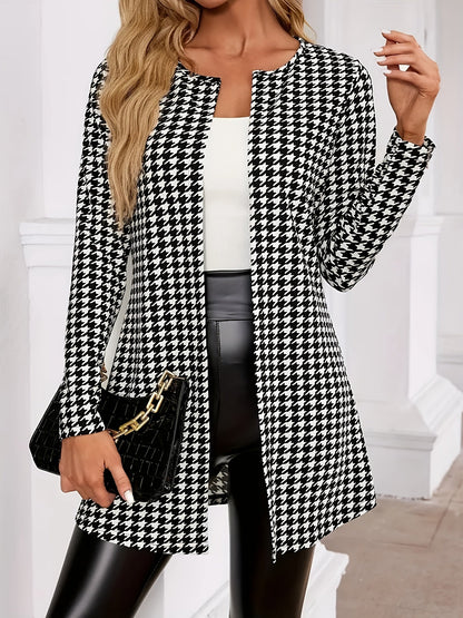 Elegant Houndstooth Print Cardigan for Women with Open Front Long Sleeve Longline Duster Style