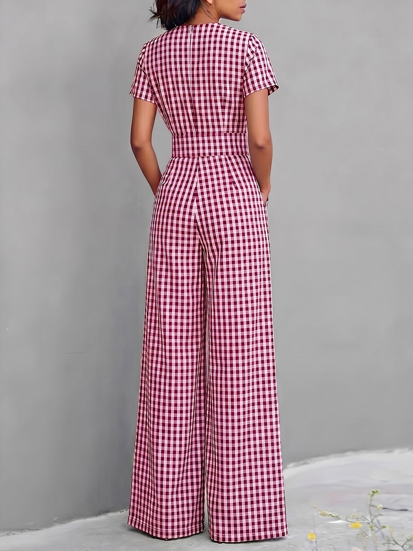 Effortless Gingham Wide Leg Jumpsuit for Women with V Neck Short Sleeve Pleated Pocket Casual Style
