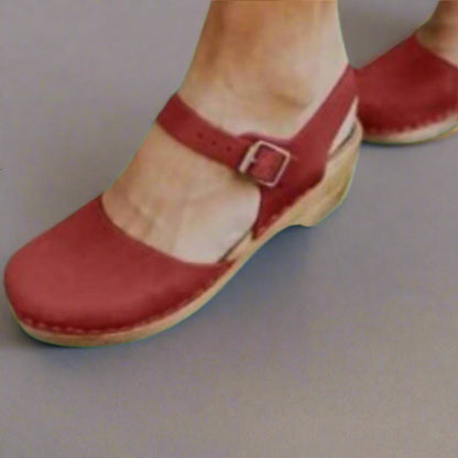 Effortless Leather Clog Sandal for Women with Round Toe Buckle Strap Wooden Heel Casual Style
