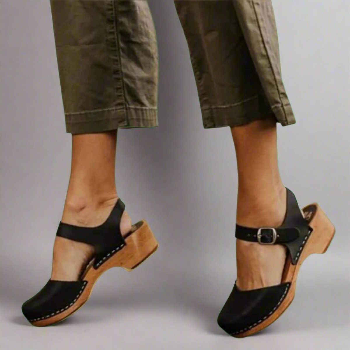 Effortless Leather Clog Sandal for Women with Round Toe Buckle Strap Wooden Heel Casual Style