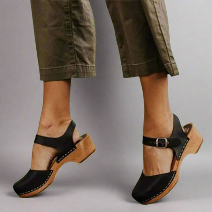 Effortless Leather Clog Sandal for Women with Round Toe Buckle Strap Wooden Heel Casual Style