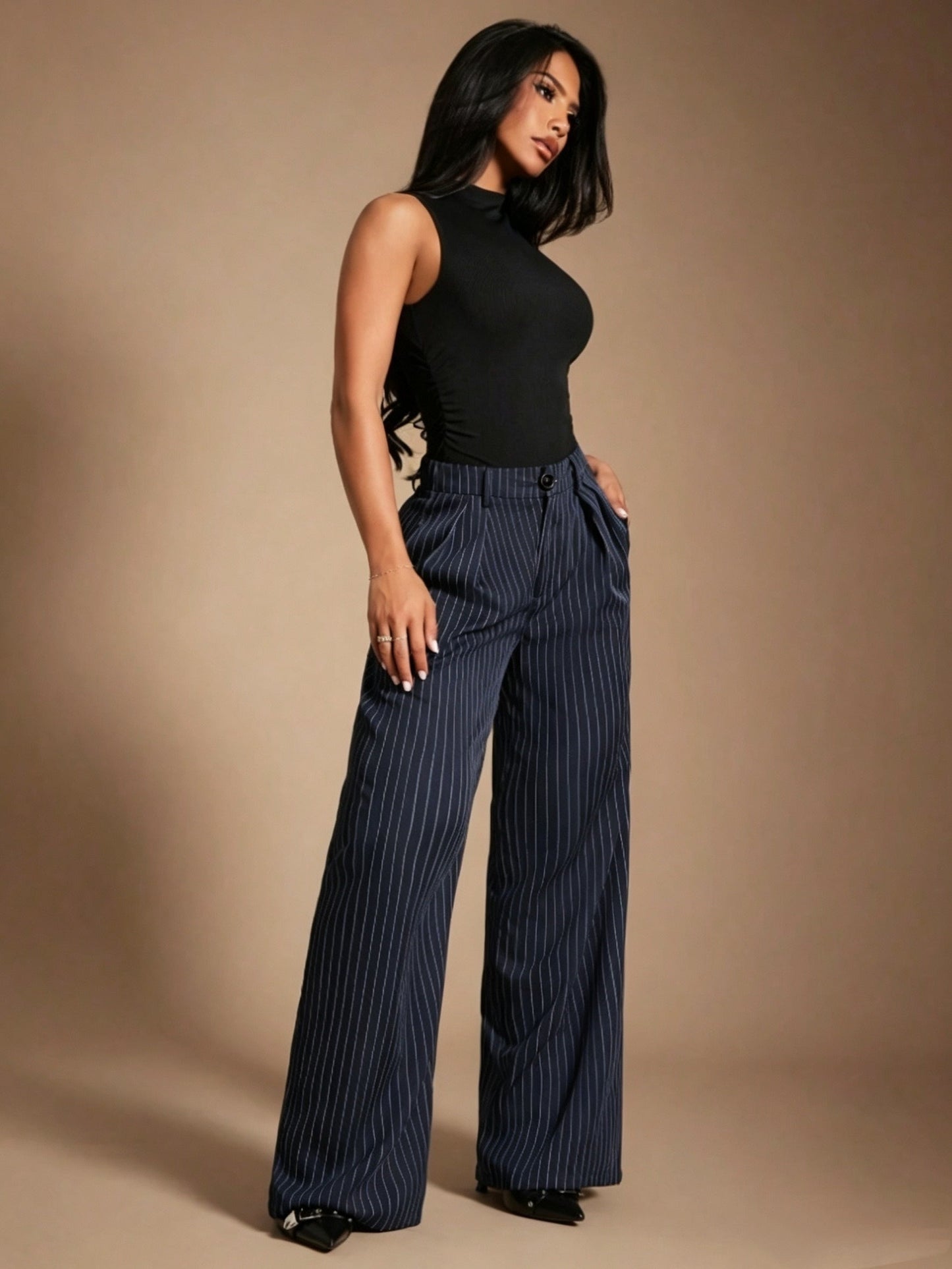 Elegant Navy Pinstripe Wide Leg Trousers for Women with High Waist Pleated Tailored Style