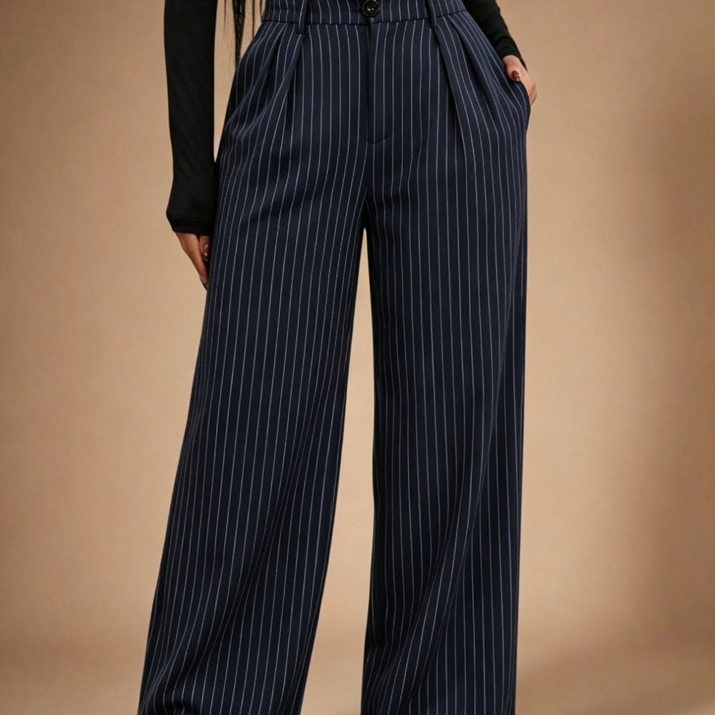 Elegant Navy Pinstripe Wide Leg Trousers for Women with High Waist Pleated Tailored Style