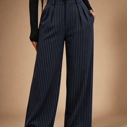Elegant Navy Pinstripe Wide Leg Trousers for Women with High Waist Pleated Tailored Style