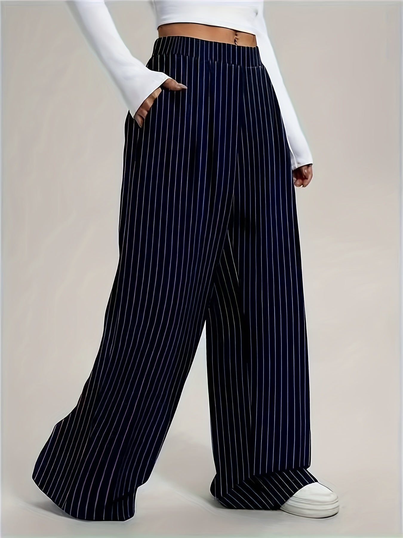 Effortless Navy Pinstripe Wide Leg Pants for Women with High Waist Pleated Relaxed Tailored Style