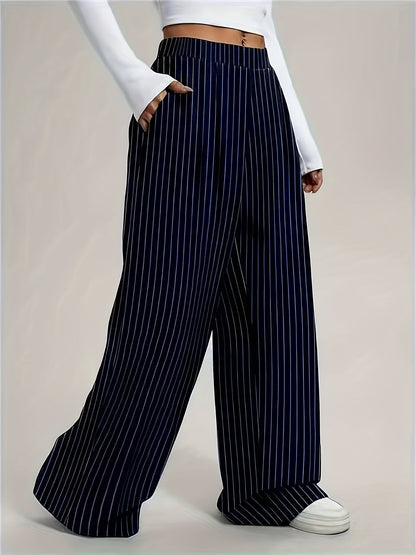 Effortless Navy Pinstripe Wide Leg Pants for Women with High Waist Pleated Relaxed Tailored Style