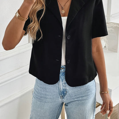 Elegant Cropped Blazer for Women with Notch Lapel Short Sleeve Button Front Casual Style