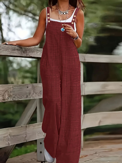 Effortless Linen Wide Leg Jumpsuit for Women with Square Neck Button Strap Relaxed Casual Style