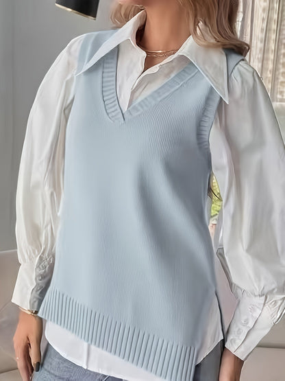 Comfortable Ribbed Knit Sweater Vest for Women with V Neck Sleeveless Relaxed Side Slit Casual Style