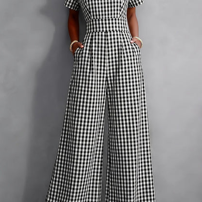Effortless Gingham Wide Leg Jumpsuit for Women with V Neck Short Sleeve Pleated Pocket Casual Style