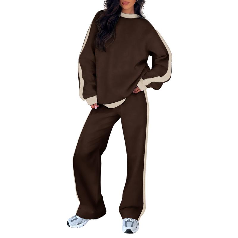 Comfortable Colorblock Wide Leg Set for Women with Crewneck Long Sleeve Contrast Stripe Two Piece Style