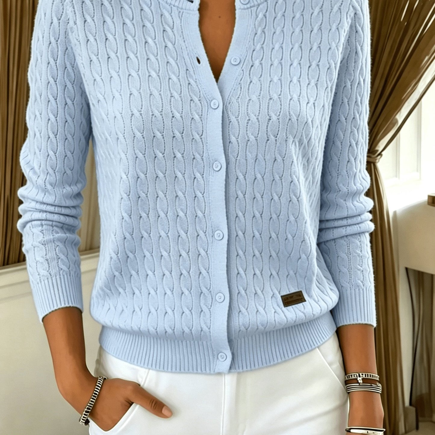 Comfortable Cable Knit Cardigan for Women with Crew Neck Long Sleeve Button Front Relaxed Style
