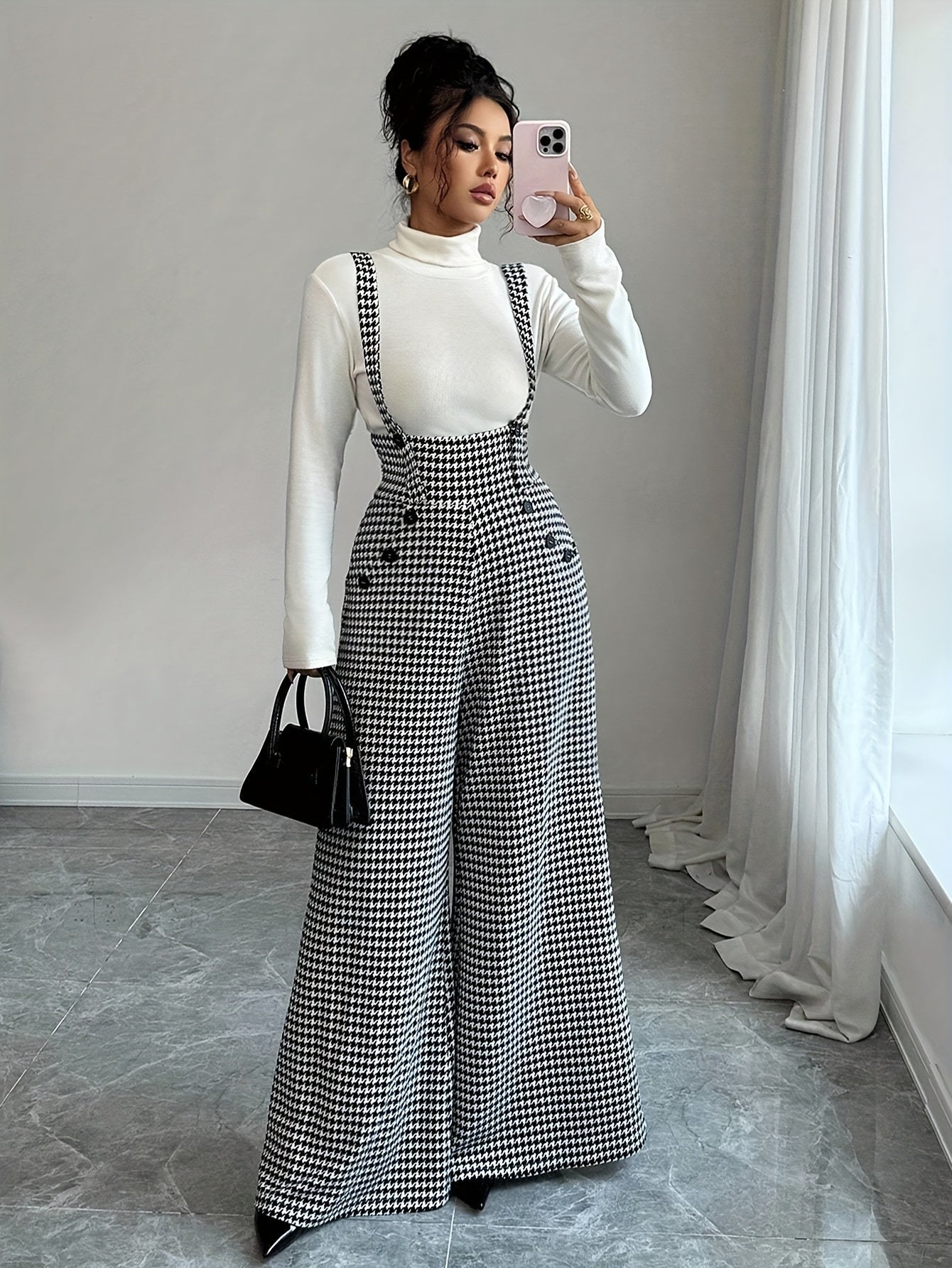Elegant Houndstooth Wide Leg Overalls for Women with Square Neck Sleeveless High Waist Button Front Relaxed Style