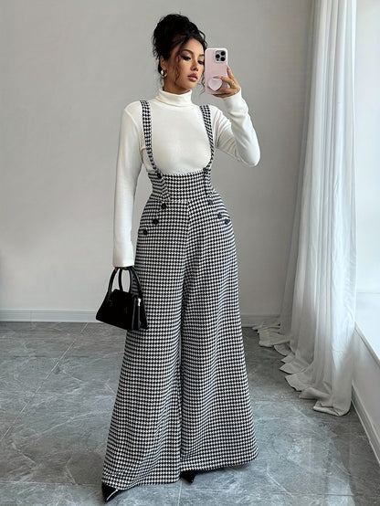 Elegant Houndstooth Wide Leg Overalls for Women with Square Neck Sleeveless High Waist Button Front Relaxed Style