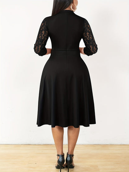 Elegant Lace Sleeve Midi Dress for Women with V Neck Fit and Flare Cocktail Style