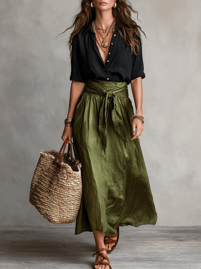 Effortless Linen Two Piece Set for Women with Button Front Tie Waist Maxi Skirt Boho Style