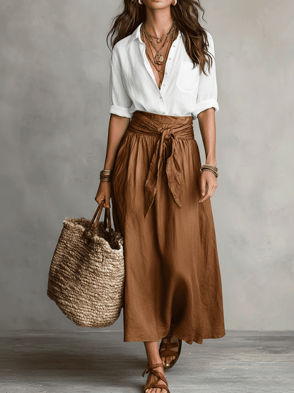 Effortless Linen Two Piece Set for Women with Button Front Tie Waist Maxi Skirt Boho Style