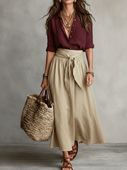Effortless Linen Two Piece Set for Women with Button Front Tie Waist Maxi Skirt Boho Style