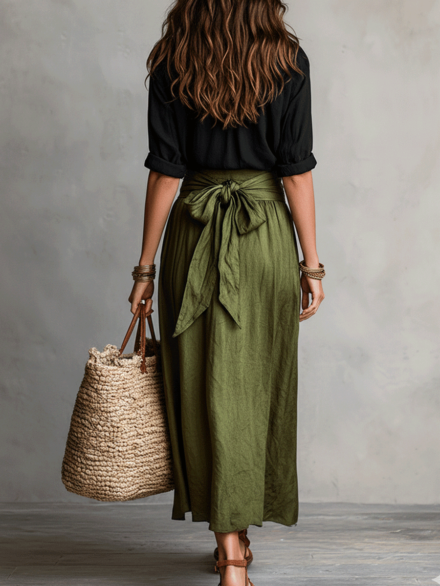 Effortless Linen Two Piece Set for Women with Button Front Tie Waist Maxi Skirt Boho Style