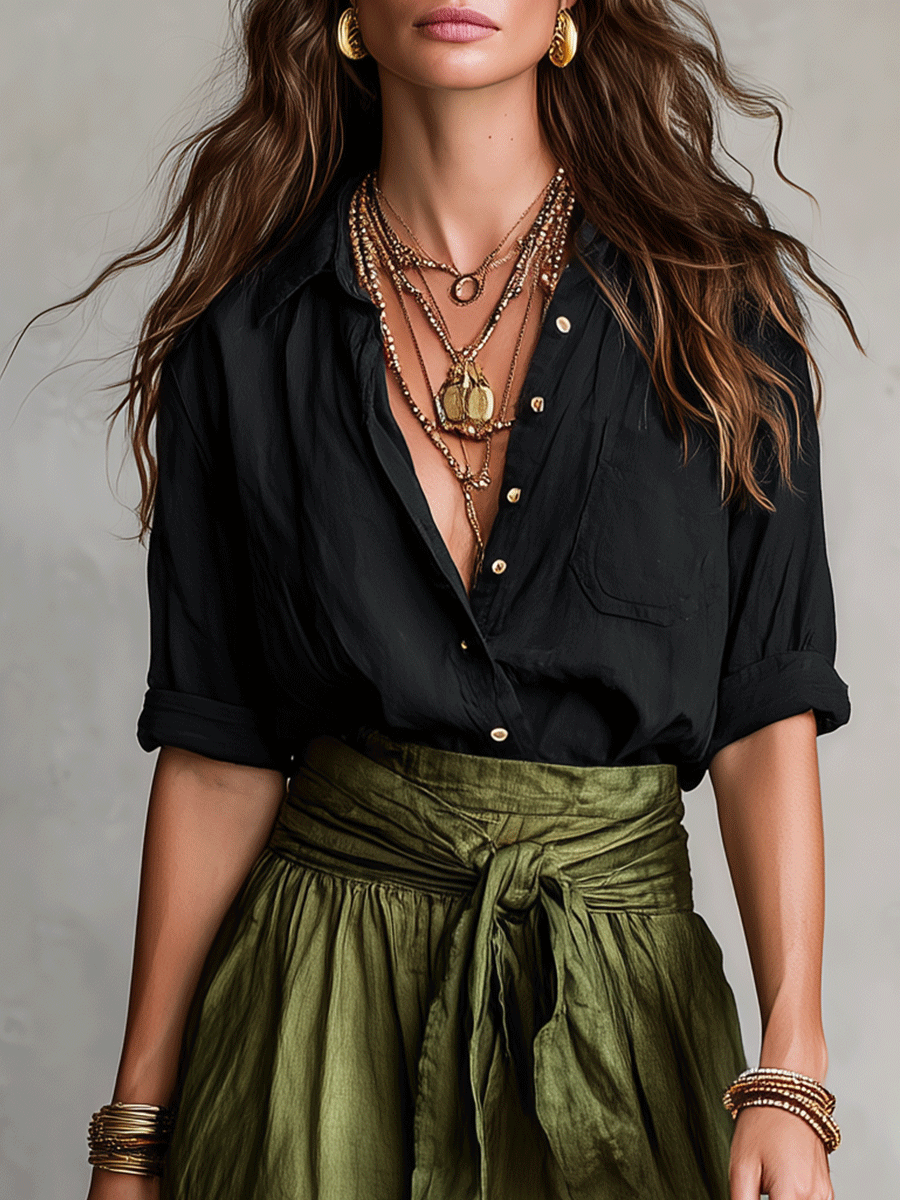 Effortless Linen Two Piece Set for Women with Button Front Tie Waist Maxi Skirt Boho Style
