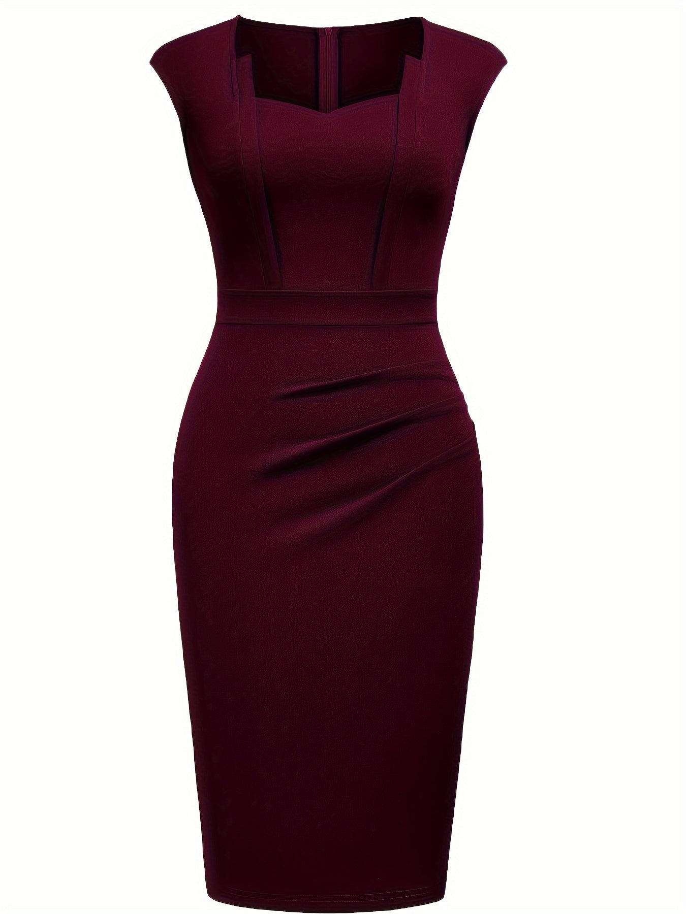 Elegant Sheath Midi Dress for Women with Sweetheart Neck Cap Sleeve Ruched Bodycon Style