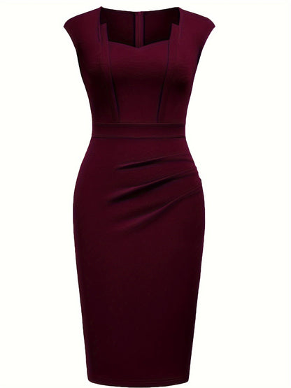 Elegant Sheath Midi Dress for Women with Sweetheart Neck Cap Sleeve Ruched Bodycon Style