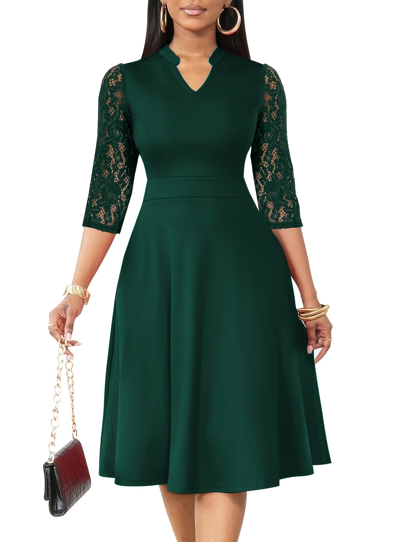 Elegant Lace Sleeve Midi Dress for Women with V Neck Fit and Flare Cocktail Style