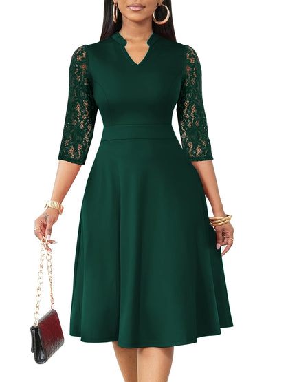 Elegant Lace Sleeve Midi Dress for Women with V Neck Fit and Flare Cocktail Style