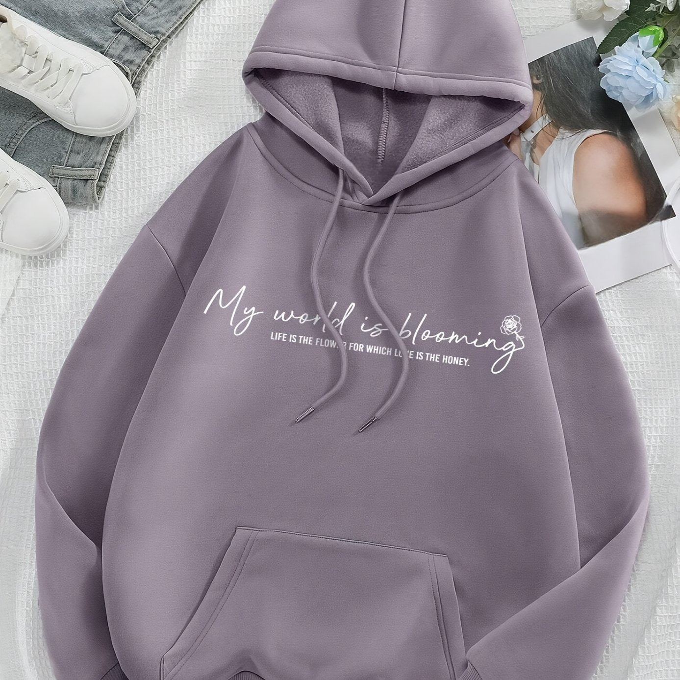 Comfortable Purple Graphic Print Hoodie for Women with Drawstring Hood Long Sleeve Kangaroo Pocket Oversized Style