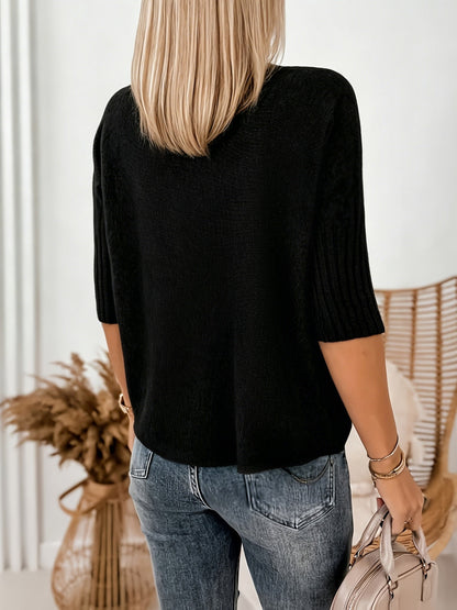 Comfortable Ribbed Knit Sweater for Women with Turtleneck Elbow Sleeve Relaxed Oversized Style