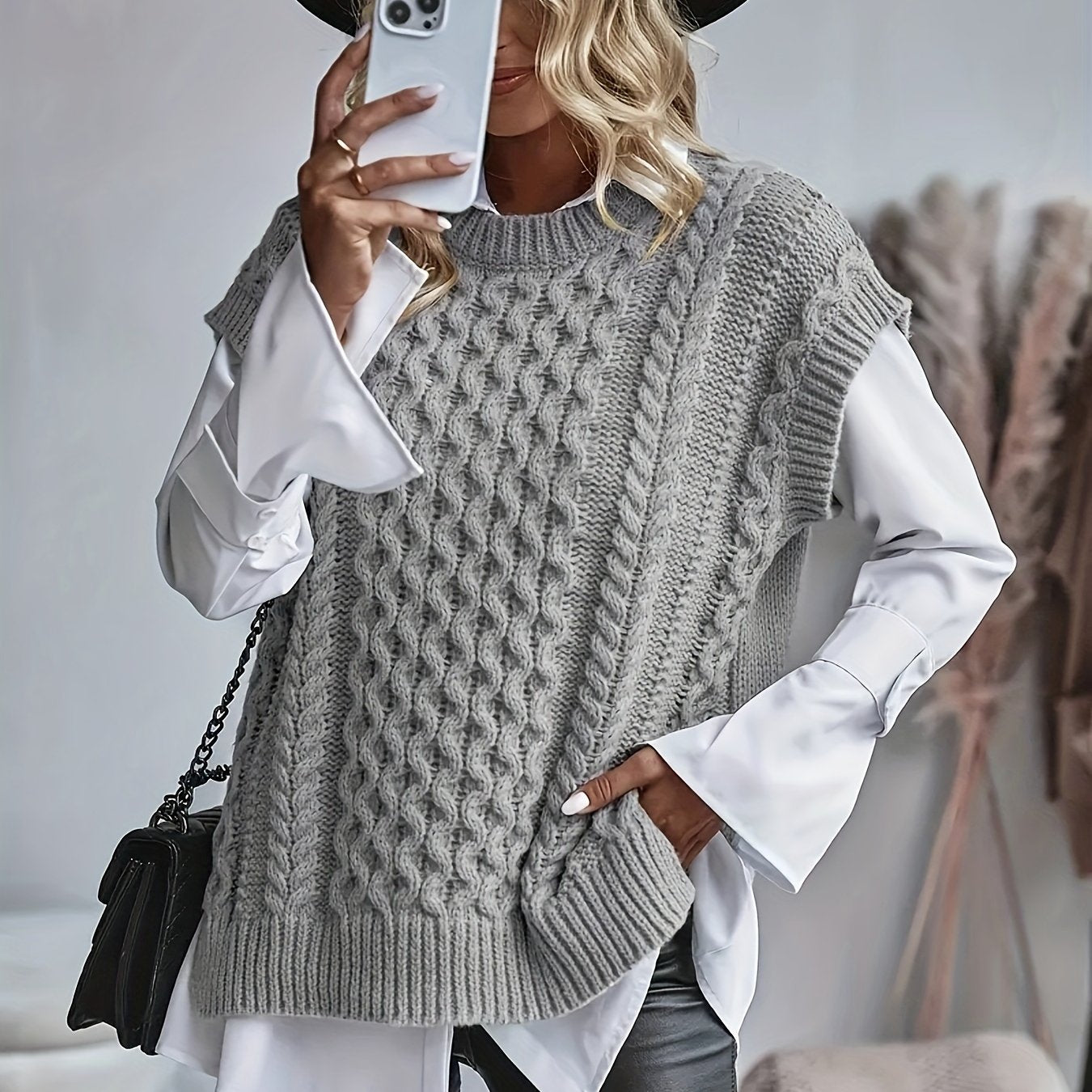 Comfortable Cable Knit Sweater Vest for Women with Crew Neck Sleeveless Oversized Relaxed Knit Style