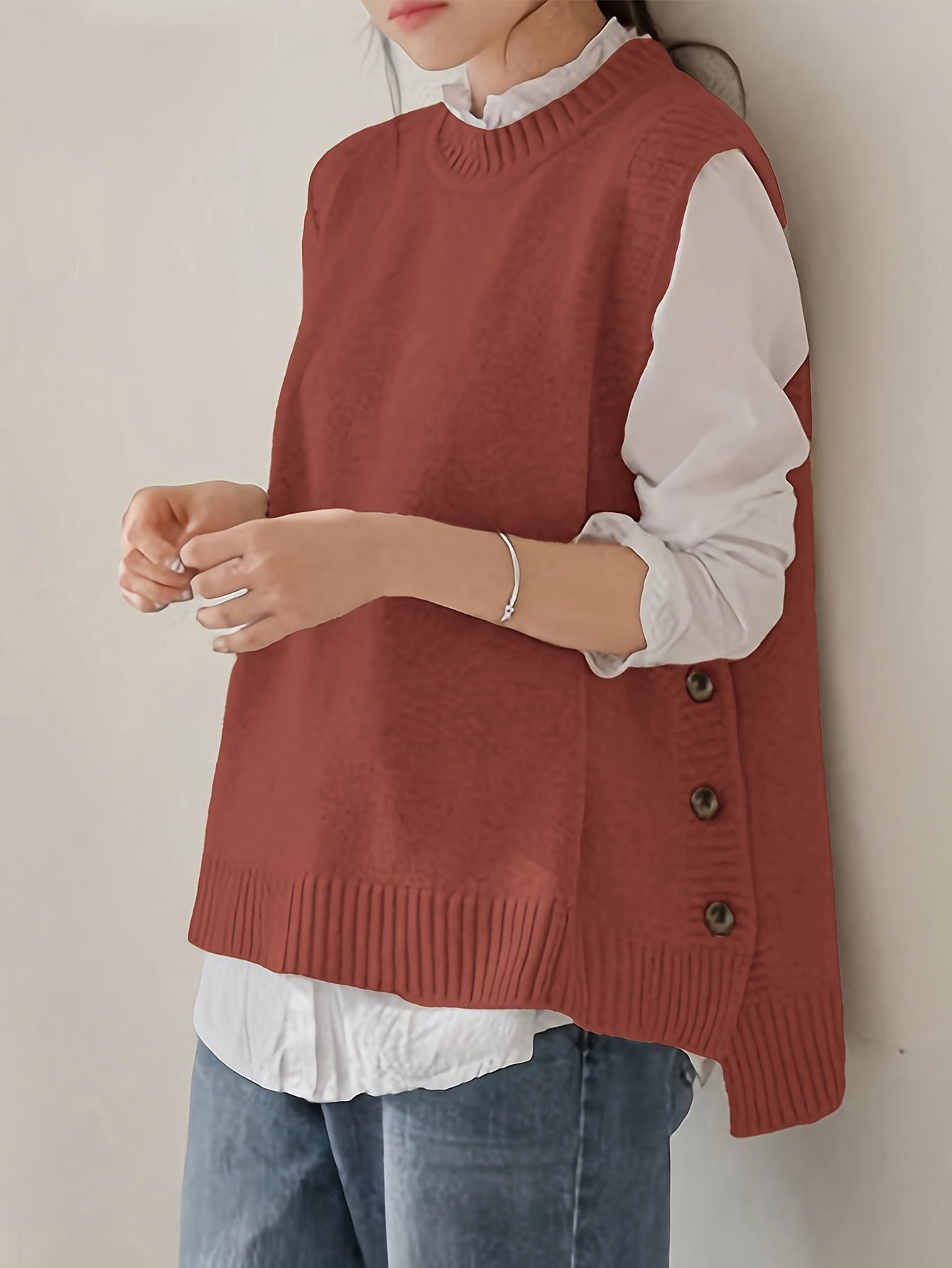 Comfortable Sweater Vest for Women with Mock Neck Sleeveless Side Button Relaxed Oversized Knit Style