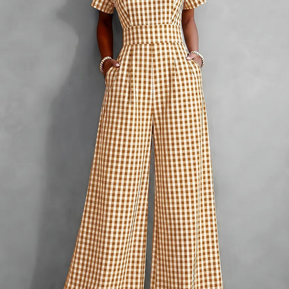 Effortless Gingham Wide Leg Jumpsuit for Women with V Neck Short Sleeve Pleated Pocket Casual Style