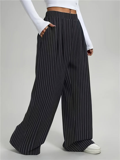 Elegant Black Pinstripe Wide Leg Pants for Women with High Waist Pleated Front Tailored Style