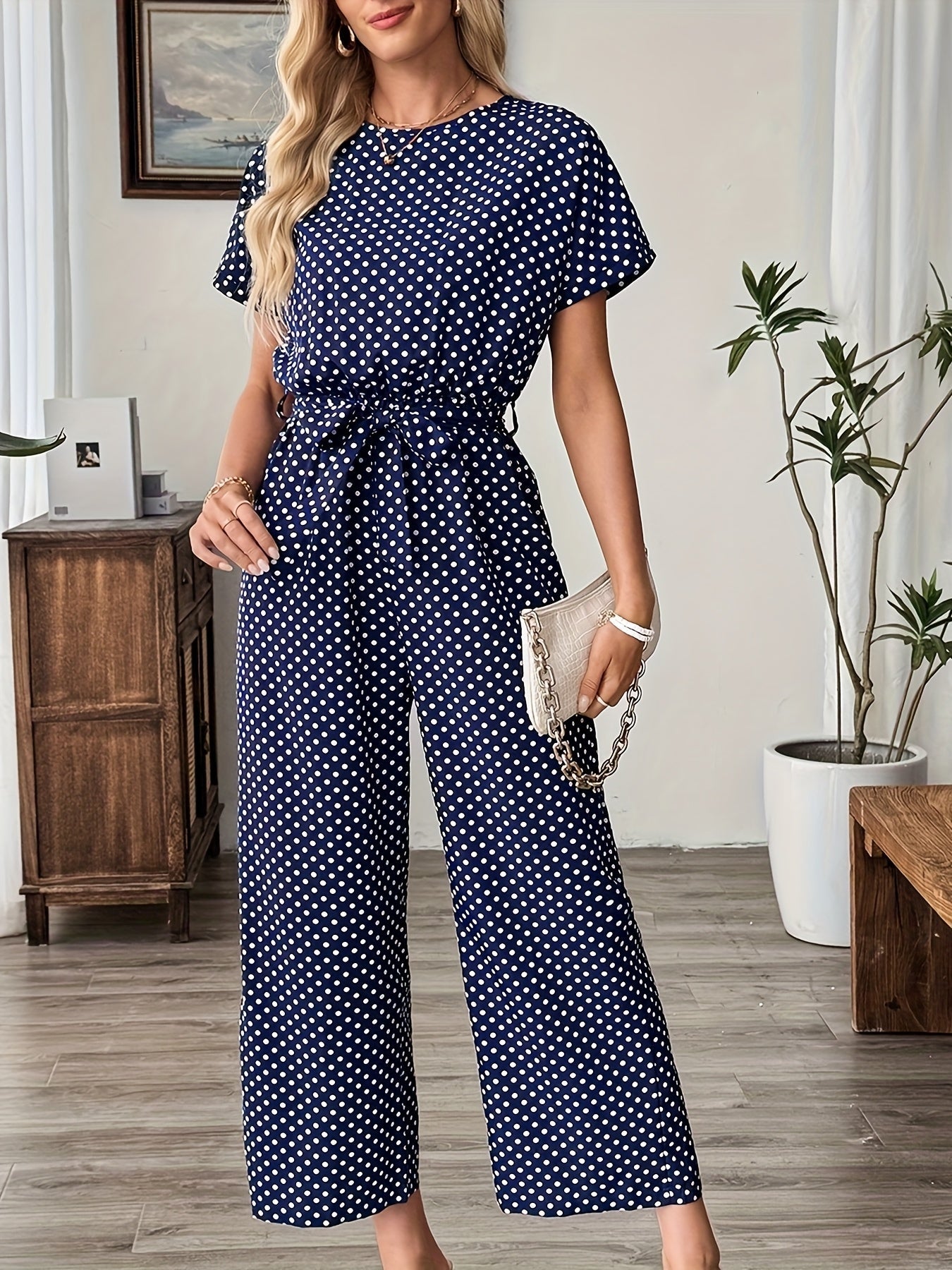 Effortless Polka Dot Jumpsuit for Women with Boat Neck Short Sleeve Tied Waist Wide Leg Style
