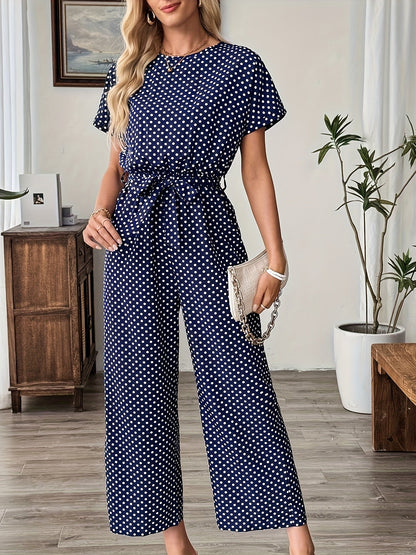 Effortless Polka Dot Jumpsuit for Women with Boat Neck Short Sleeve Tied Waist Wide Leg Style