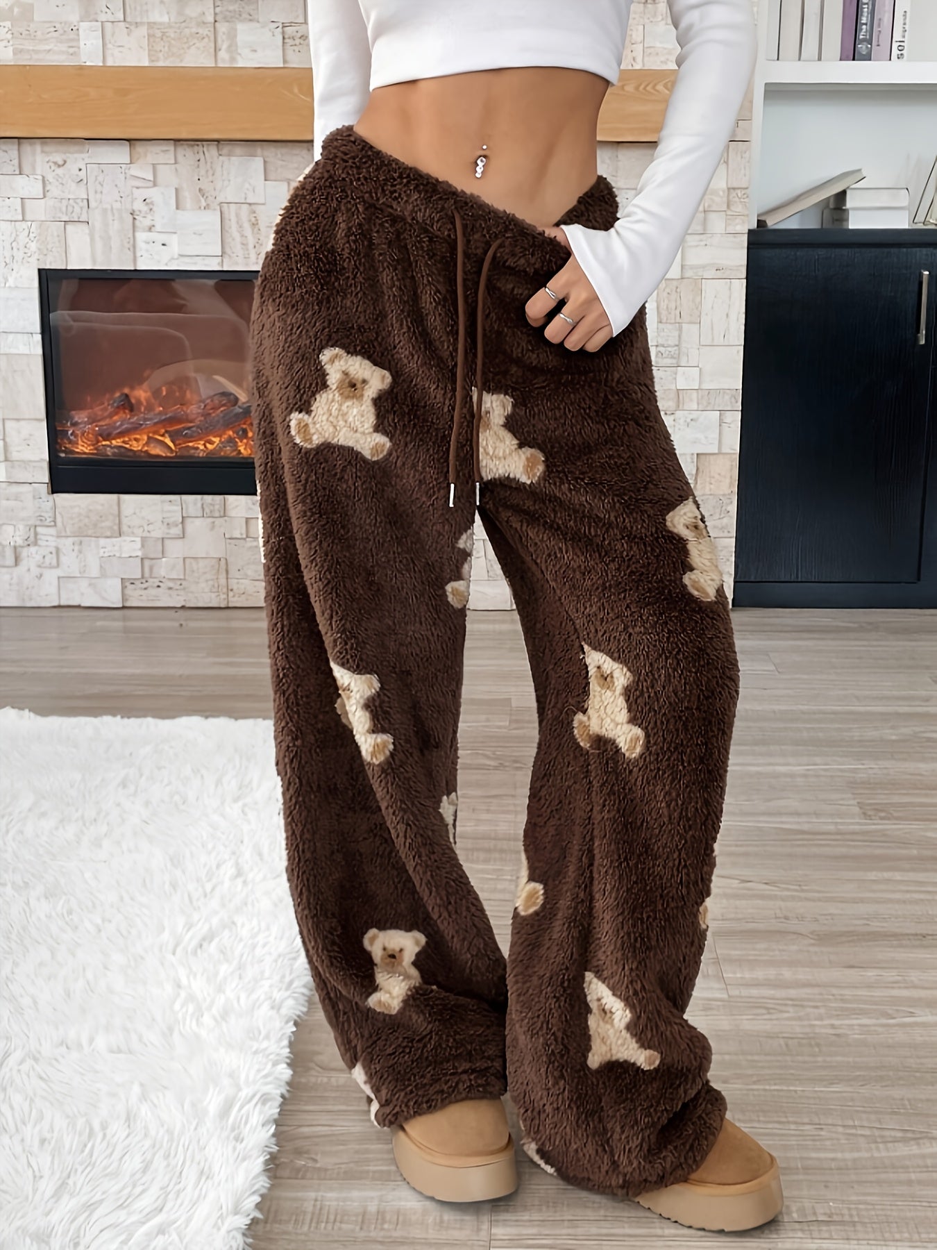 Comfortable Dark Brown Teddy Bear Print Fleece Pants for Women with High Waist Drawstring Wide Leg Relaxed Casual Style