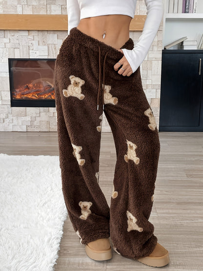 Comfortable Dark Brown Teddy Bear Print Fleece Pants for Women with High Waist Drawstring Wide Leg Relaxed Casual Style