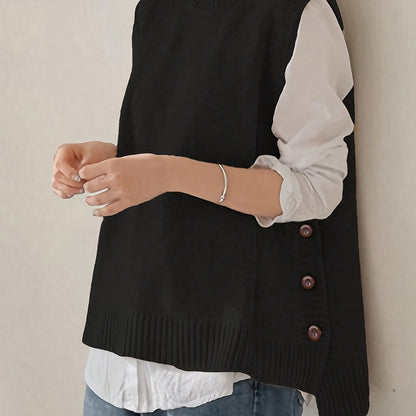 Comfortable Sweater Vest for Women with Mock Neck Sleeveless Side Button Relaxed Oversized Knit Style