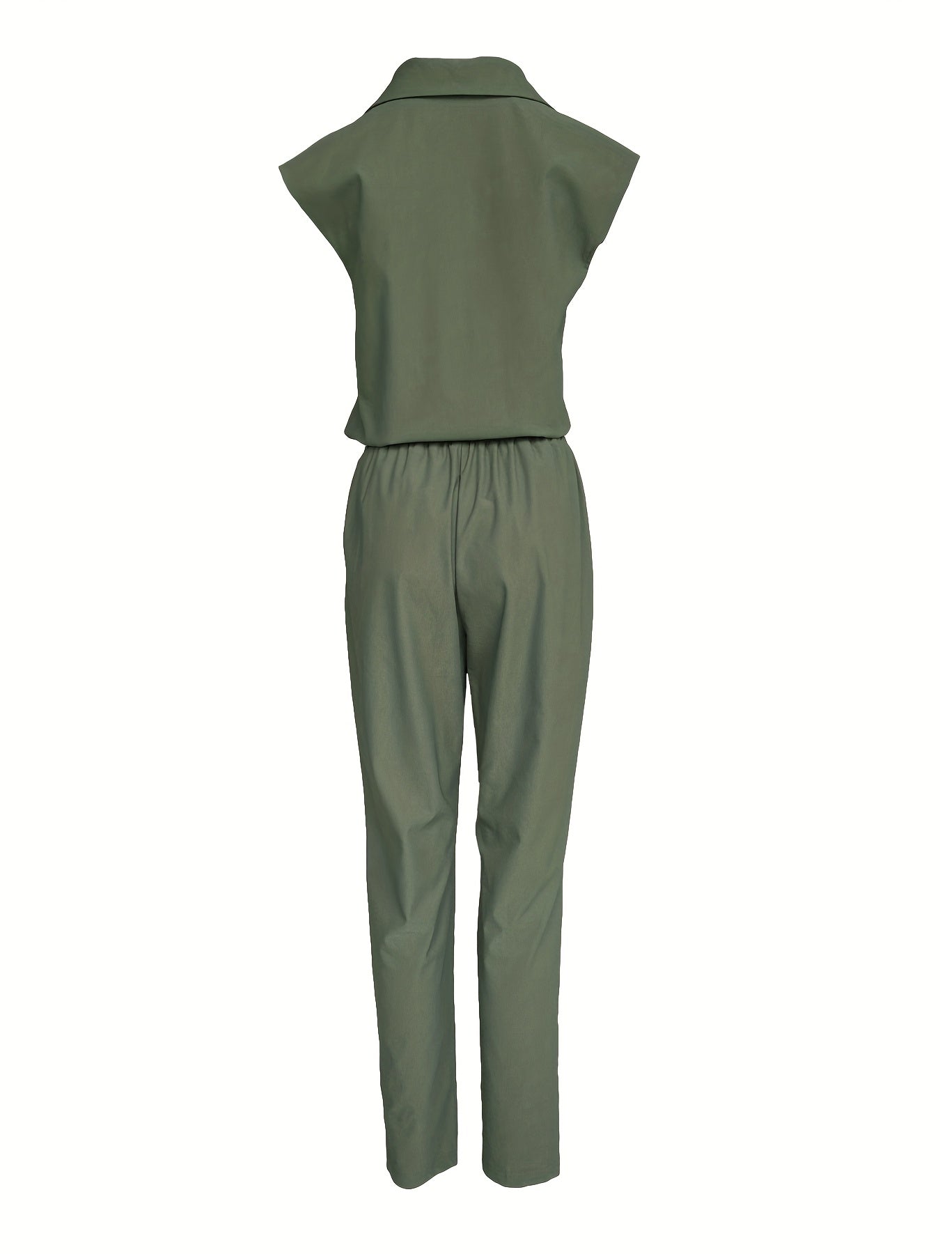 Elegant Army Green Jumpsuit for Women with Collar Cap Sleeve Drawstring Waist Tapered Style