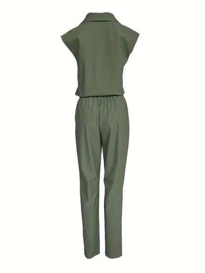 Elegant Army Green Jumpsuit for Women with Collar Cap Sleeve Drawstring Waist Tapered Style