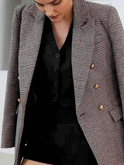 Elegant Coffee Brown Houndstooth Blazer for Women with Notch Lapel Long Sleeve Double Breasted Oversized Style
